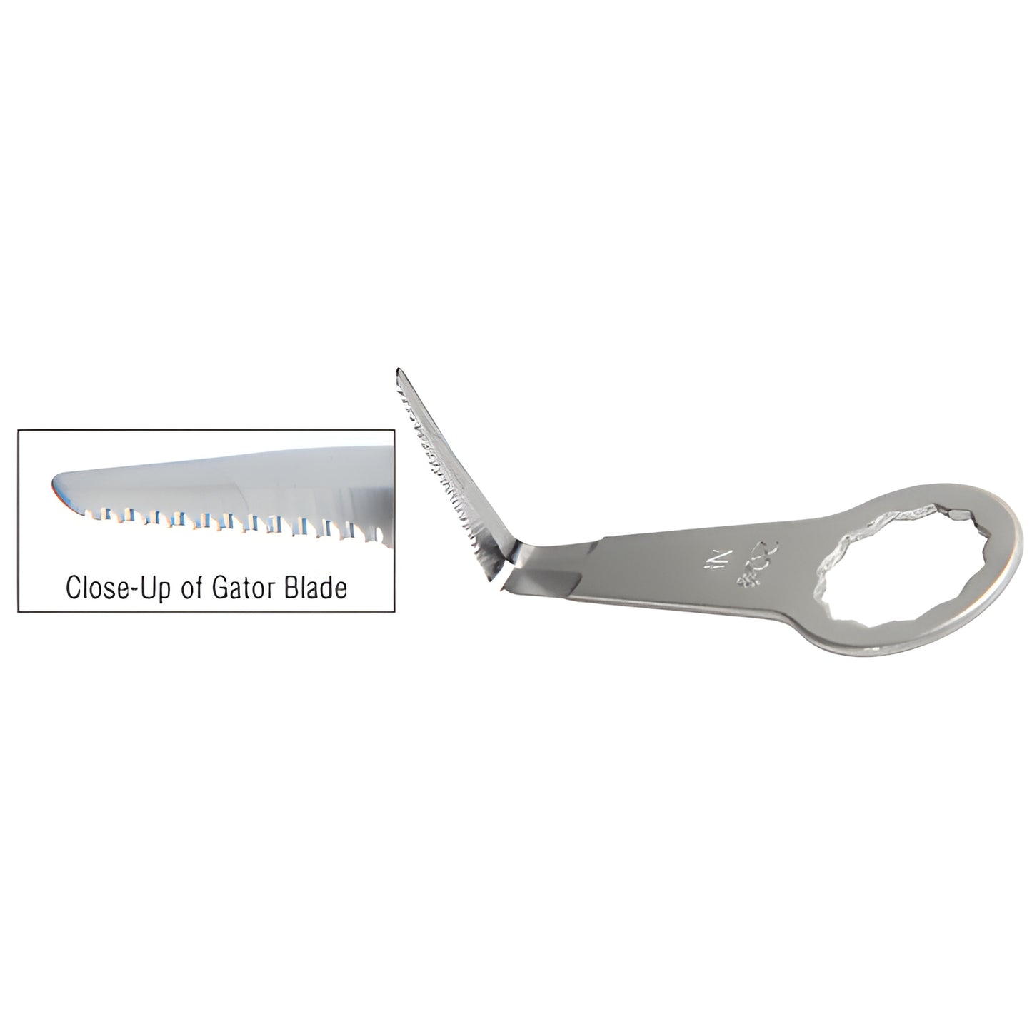 FEIN Gator L-shaped 1.5 in serrated oscillating trim blade (FKB209) with wrench-style mount, stainless finish
