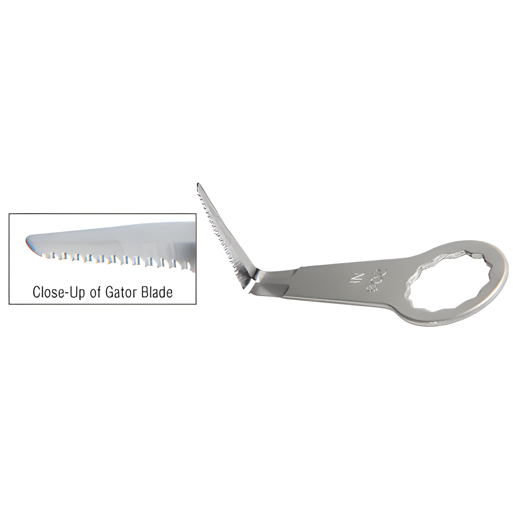 FEIN Gator L-shaped 1.5 in serrated oscillating trim blade (FKB209) with wrench-style mount, stainless finish