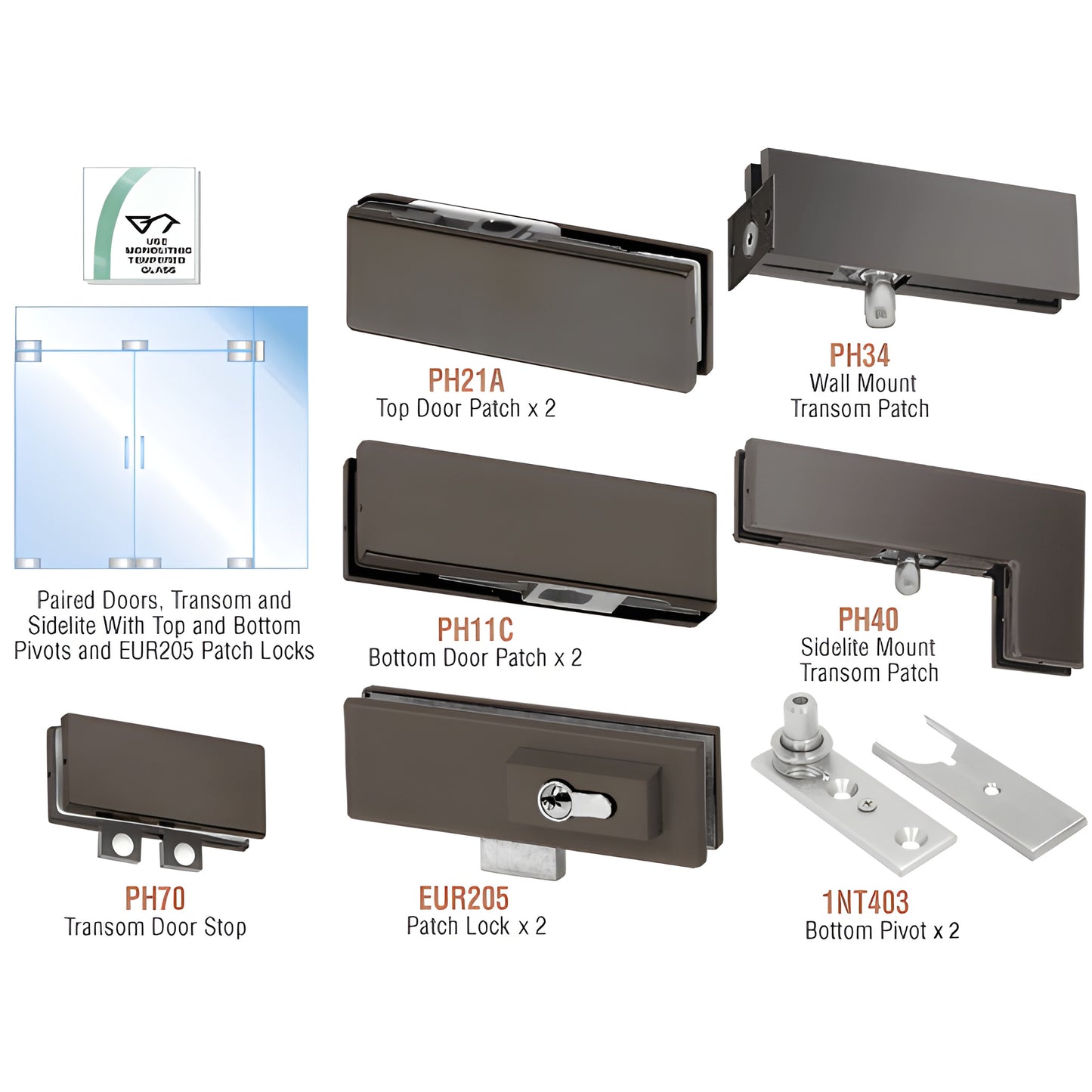 PHE7LDU: black bronze double-door frameless hardware kit for 3/8-1/2" tempered glass; patches, pivots, transom, lock