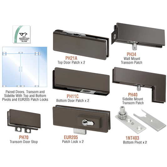 PHE7LDU: black bronze double-door frameless hardware kit for 3/8-1/2" tempered glass; patches, pivots, transom, lock