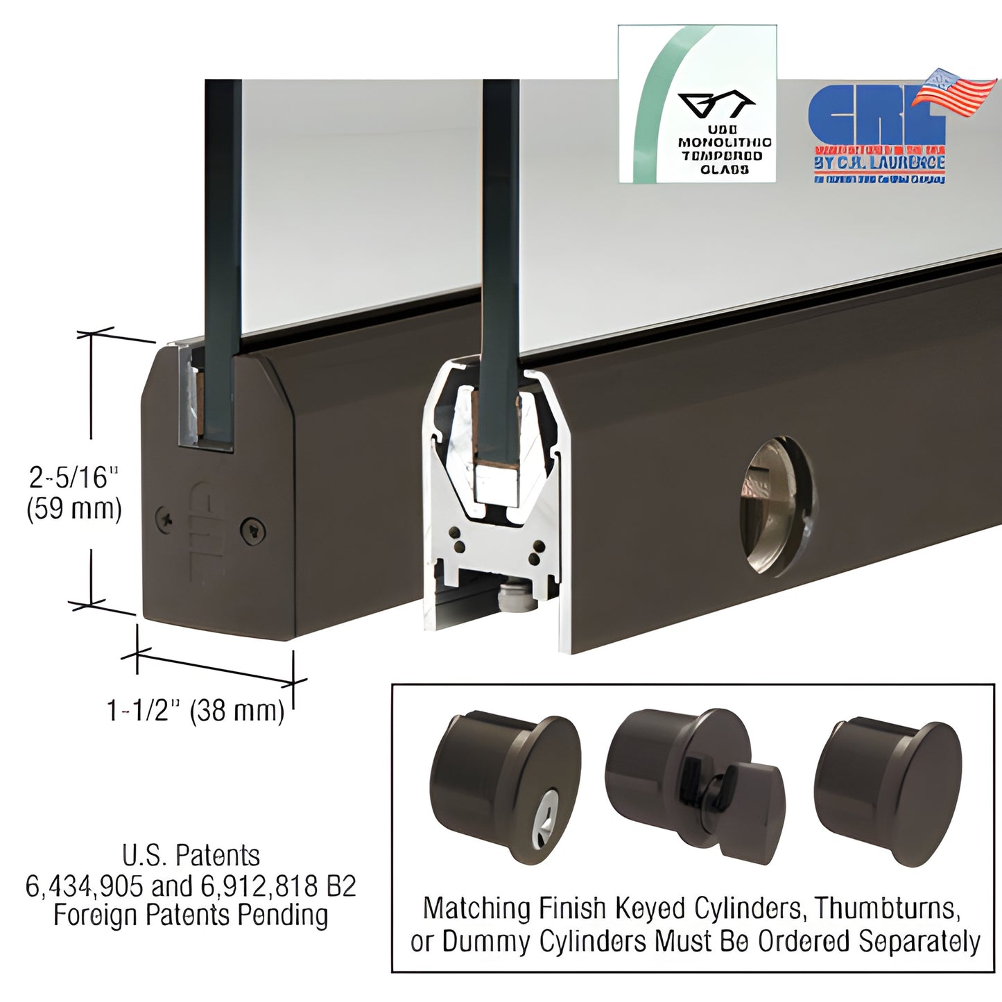 CRL low-profile aluminum door rail DR2TDU38SL, black bronze, 35-3/4" for 3/8" glass, Wedge-Lock system, includes lock