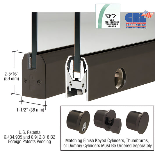 Black bronze low-profile aluminum door rail with Wedge-Lock for 3/8" glass, 8" long, includes lock (SKU DR2TDU38PL)