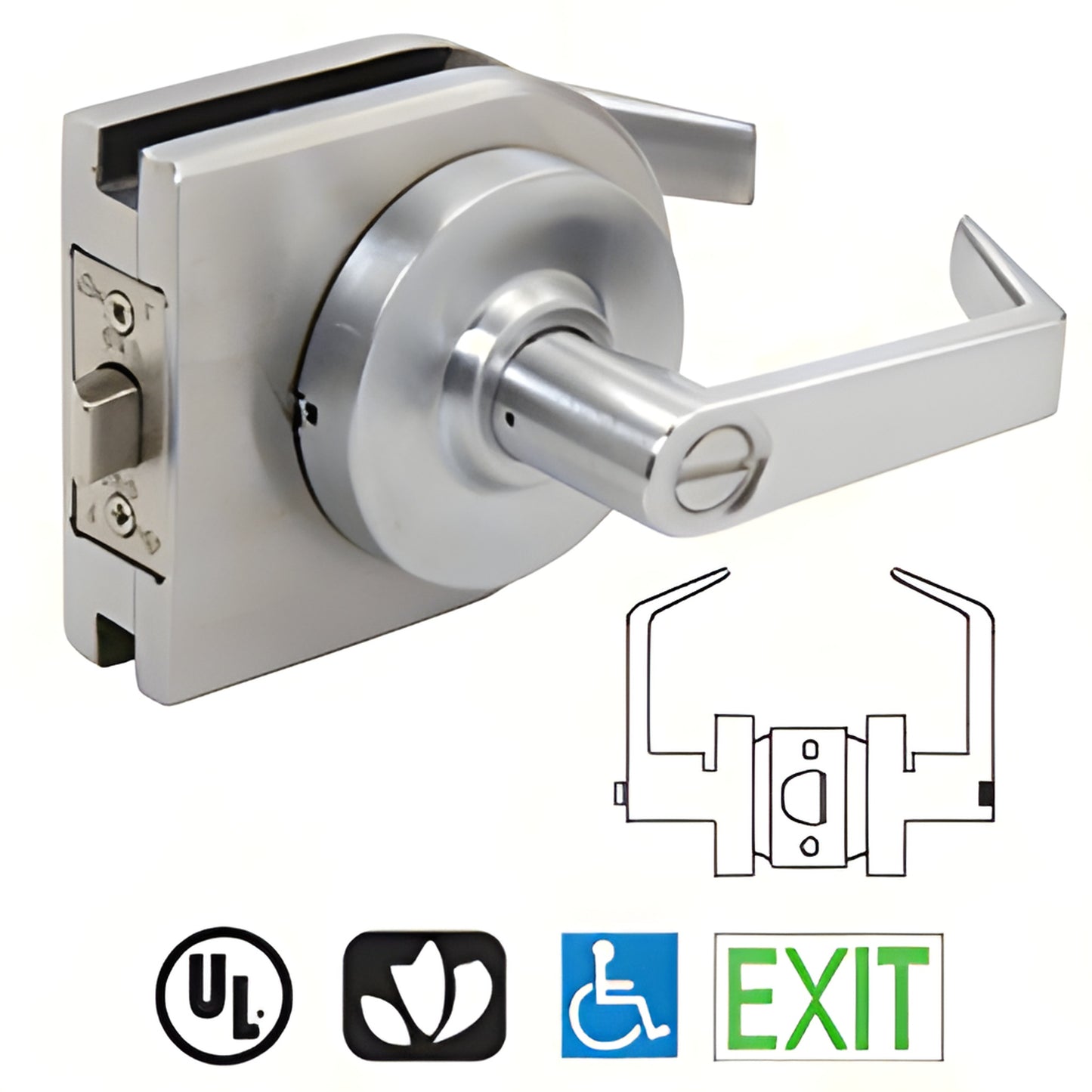 LH40BS brushed stainless round cover lever lock for 3/8-1/2 in glass doors, low-profile housing