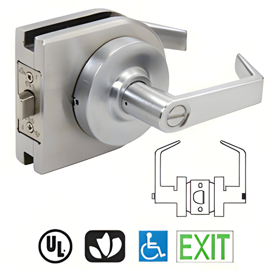 LH40BS brushed stainless round cover lever lock for 3/8-1/2 in glass doors, low-profile housing