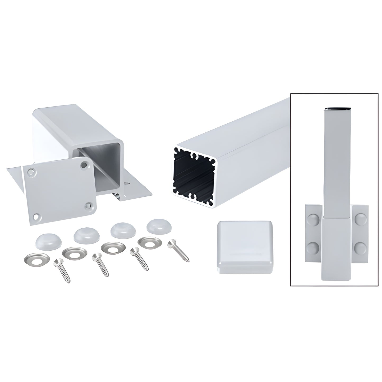 42-inch aluminum square fascia post kit, mill finish, with base plate, cap and screws - SKU 1FP42KM