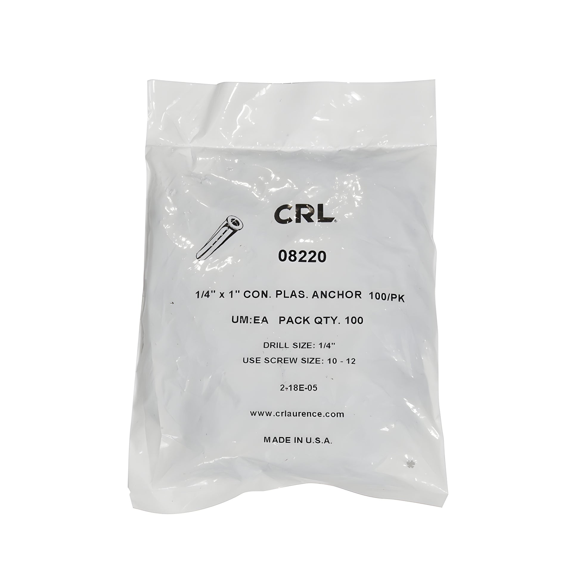 Blue plastic screw anchor for drywall and masonry, 1 in long, 1/4 in drill hole - SKU 08220