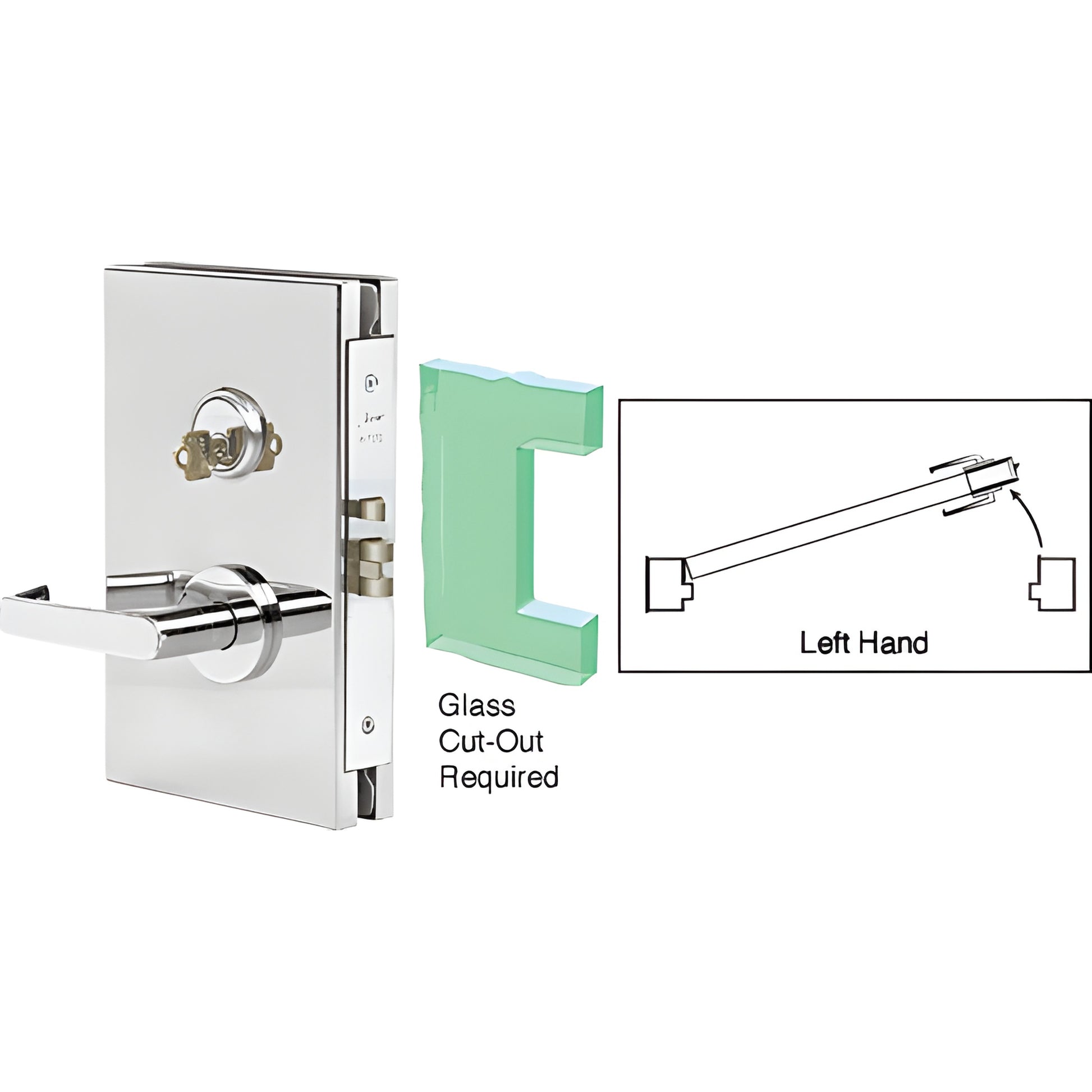 DL610LSPS polished stainless steel 6x10 center lock for 1/2 in glass doors, left-hand lever and key cylinder