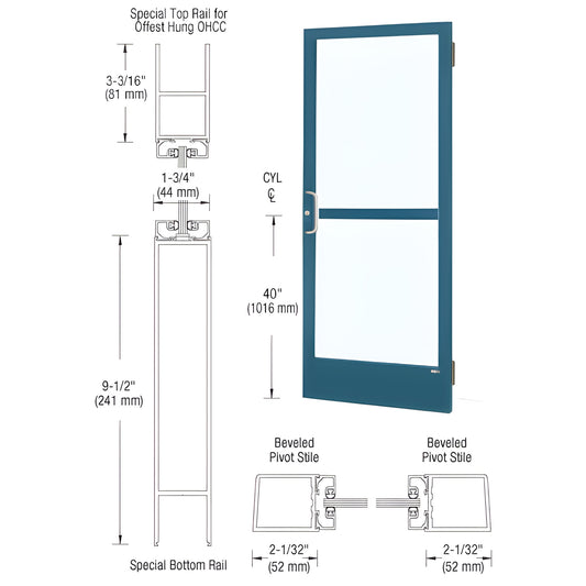 CZ21471 narrow stile commercial entrance door in custom Kynar teal with two glass panels, ADA bottom rail and panic hardware.