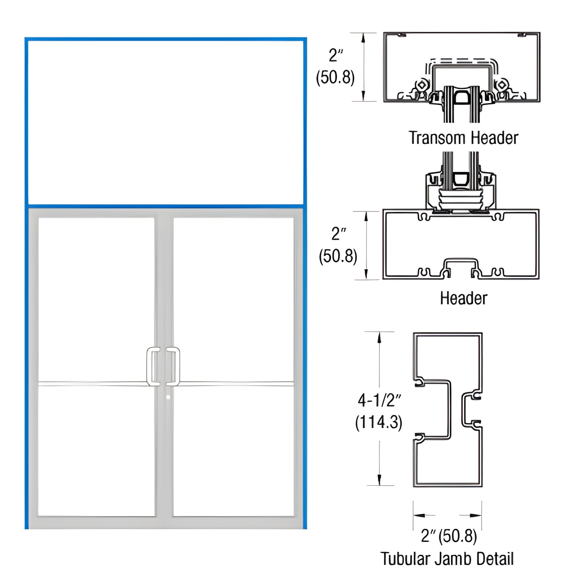 FR92571 aluminum butt-hinge transom frame with transom, tubular jambs and threshold, diagram with 2" and 4-1/2" dimensions