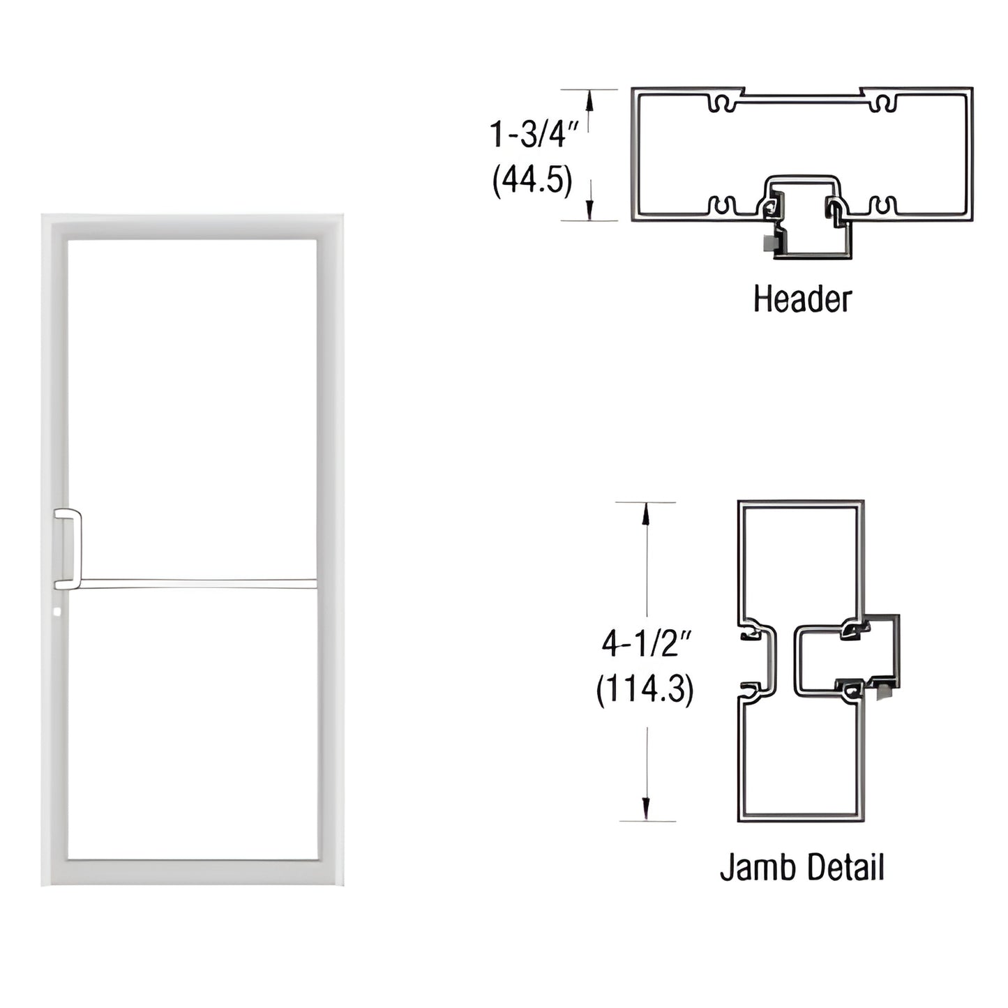 White Kynar aluminum complete door frame (SKU FR41552) with 1-3/4" header, 4-1/2" jamb, threshold and butt-hinge details.