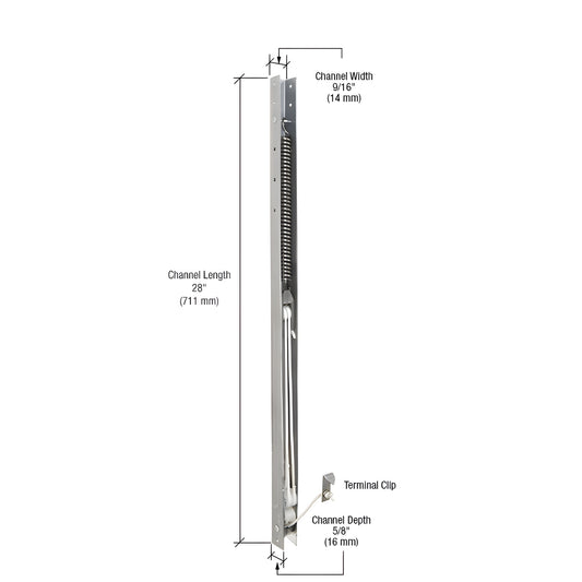 FA2730 28in metal channel sash balance with coiled spring and terminal clip, 5/8in depth, 9/16in width.