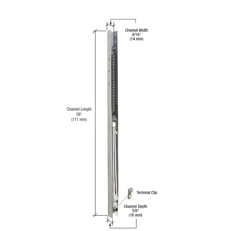 FA2730 28in metal channel sash balance with coiled spring and terminal clip, 5/8in depth, 9/16in width.