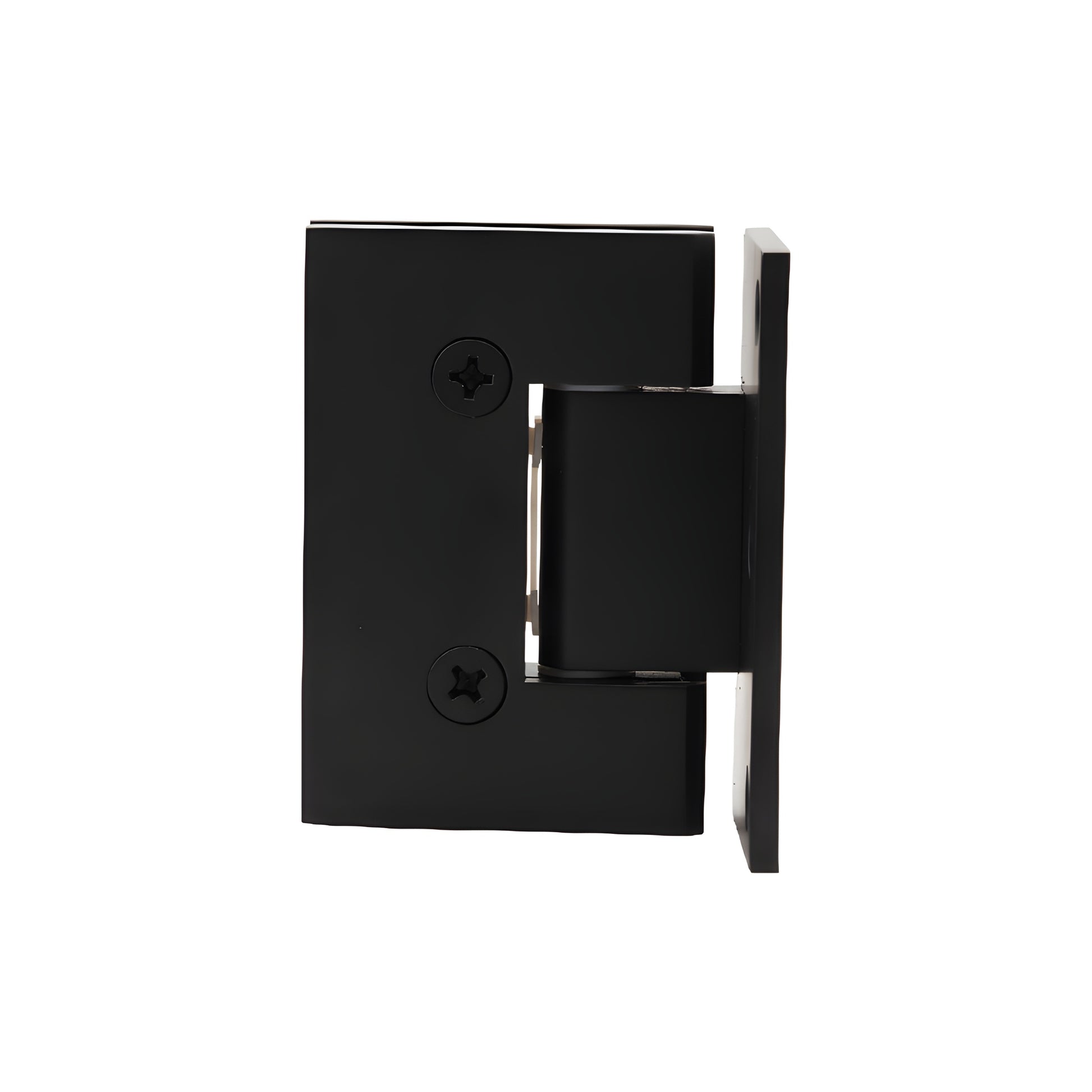 Matte black solid brass frameless shower door hinge (Melbourne MEL044MBL), wall-mount, self-centering, fits 8-12mm glass