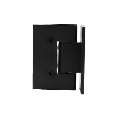 Matte black solid brass frameless shower door hinge (Melbourne MEL044MBL), wall-mount, self-centering, fits 8-12mm glass