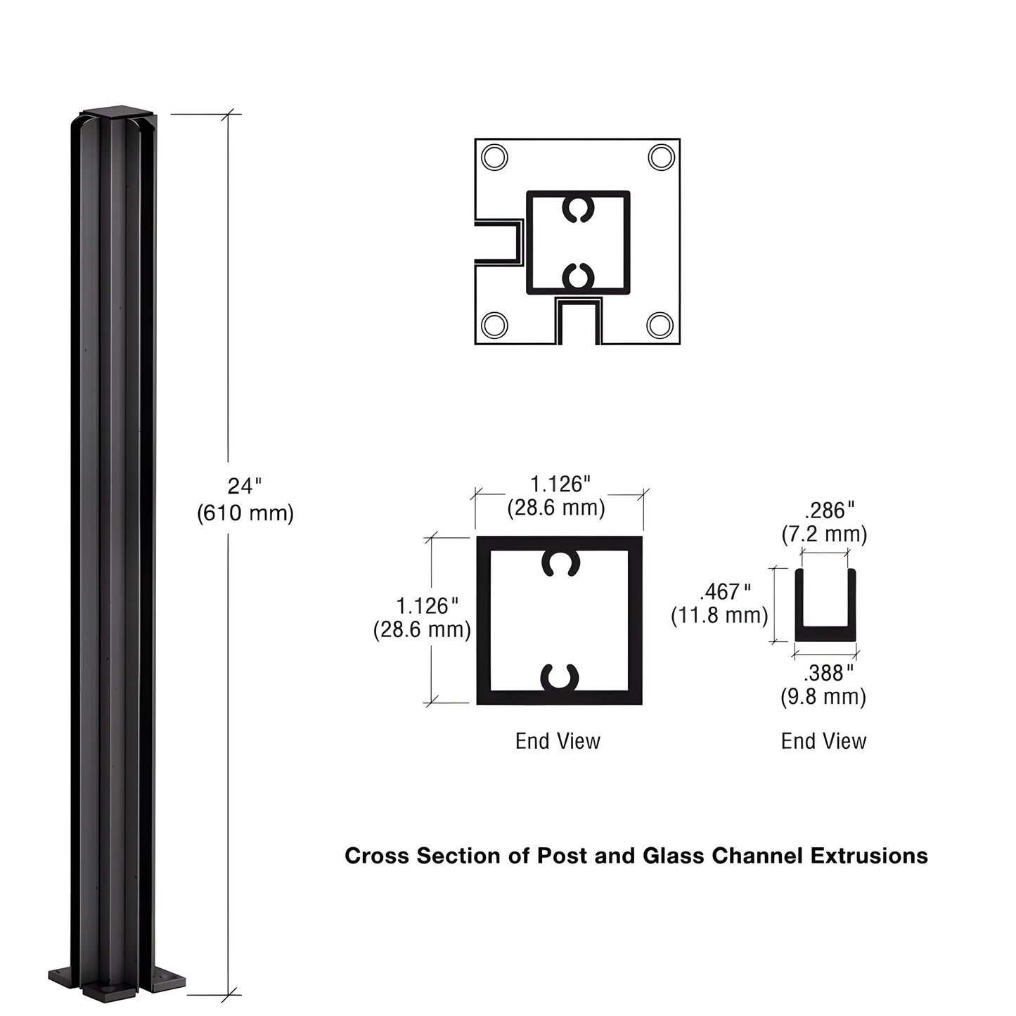 D990DU24CR dark bronze anodized 24" aluminum 90-degree corner partition post, square tube with U-channel for 1/4" glass.