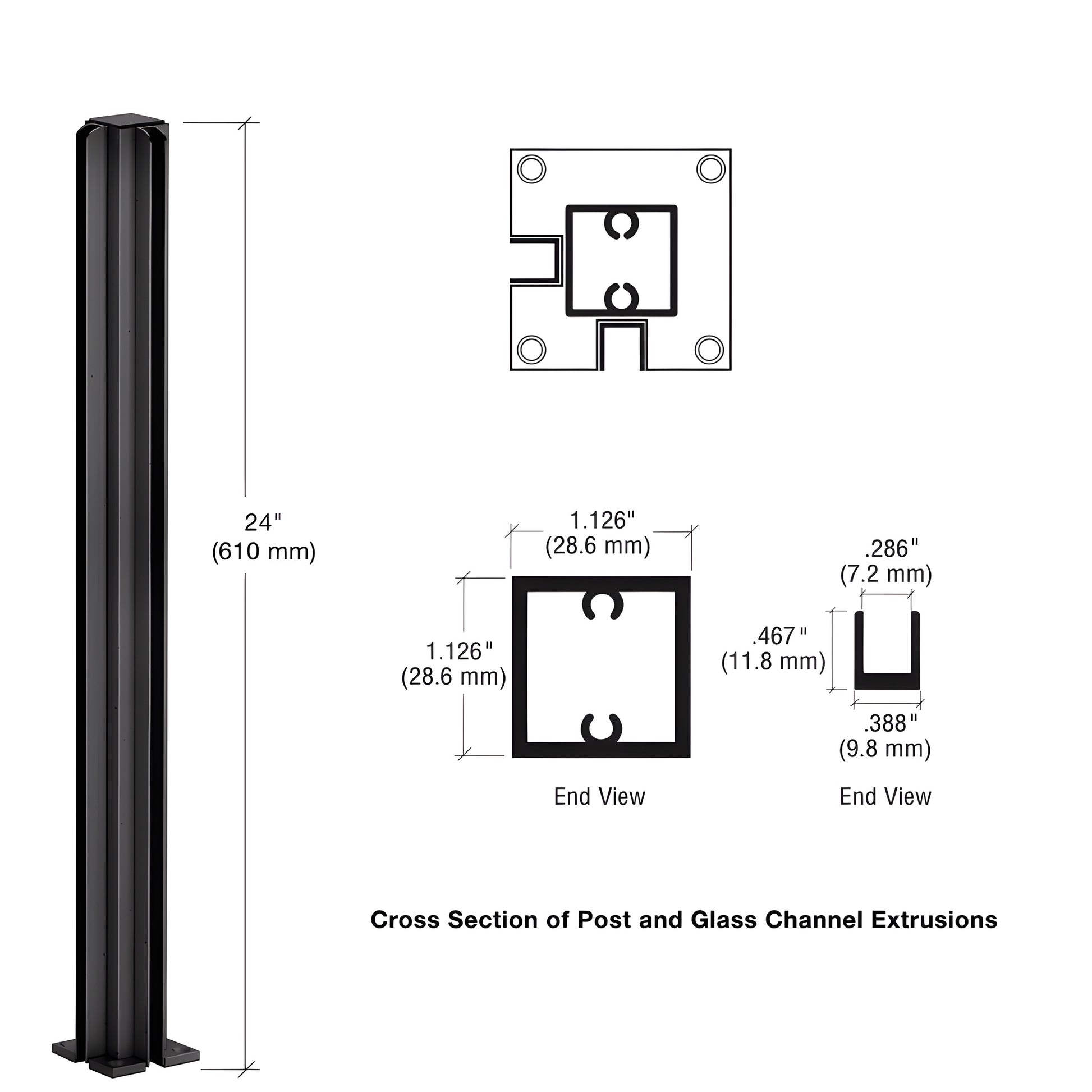 D990DU24CR dark bronze anodized 24" aluminum 90-degree corner partition post, square tube with U-channel for 1/4" glass.