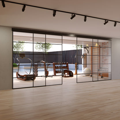 Matte black wall-mounted top track with two synchronized sliding tempered glass panels.