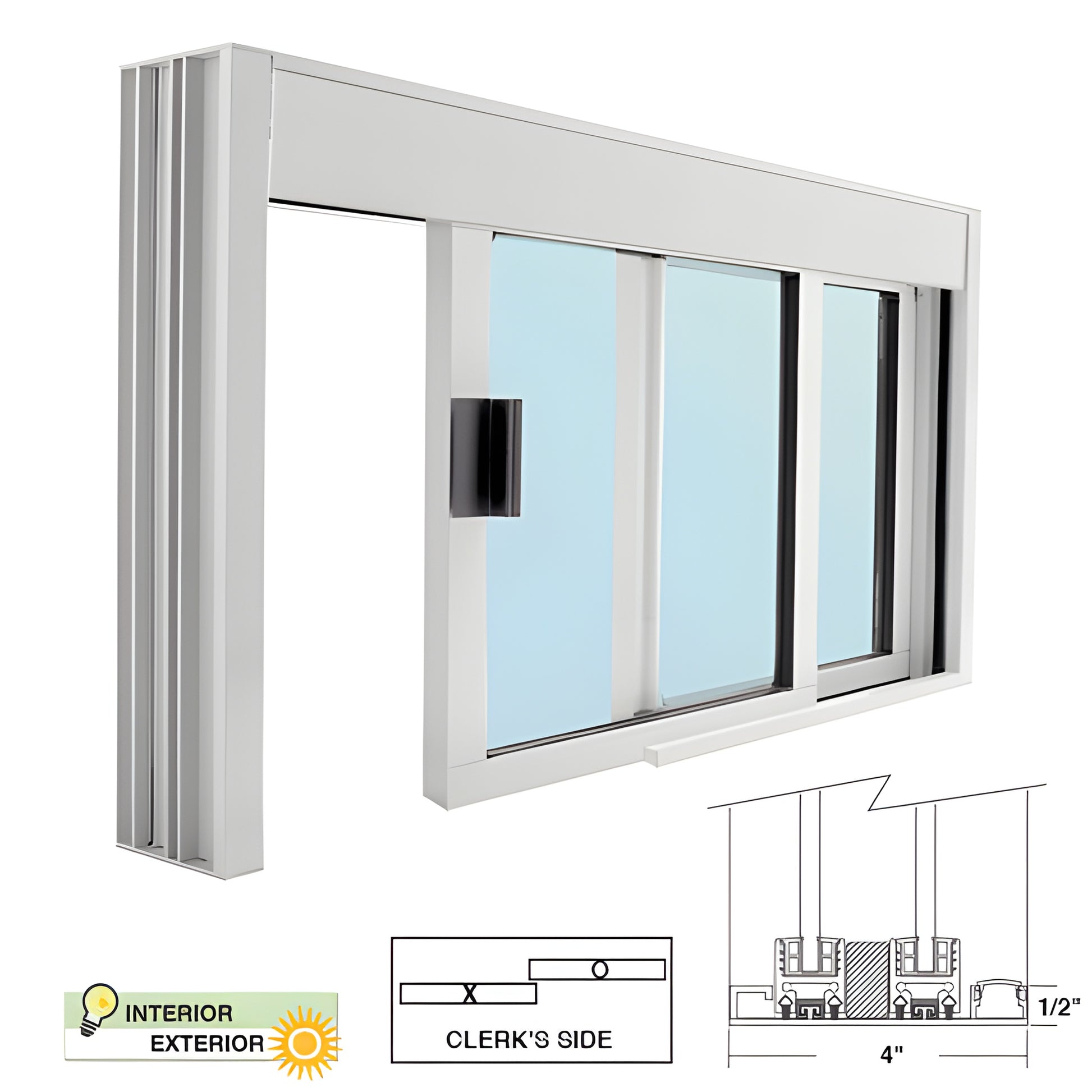 Satin-anodized aluminum sliding service window, XO 48 36 fit, 1/4 in tempered glass, self-latching handle