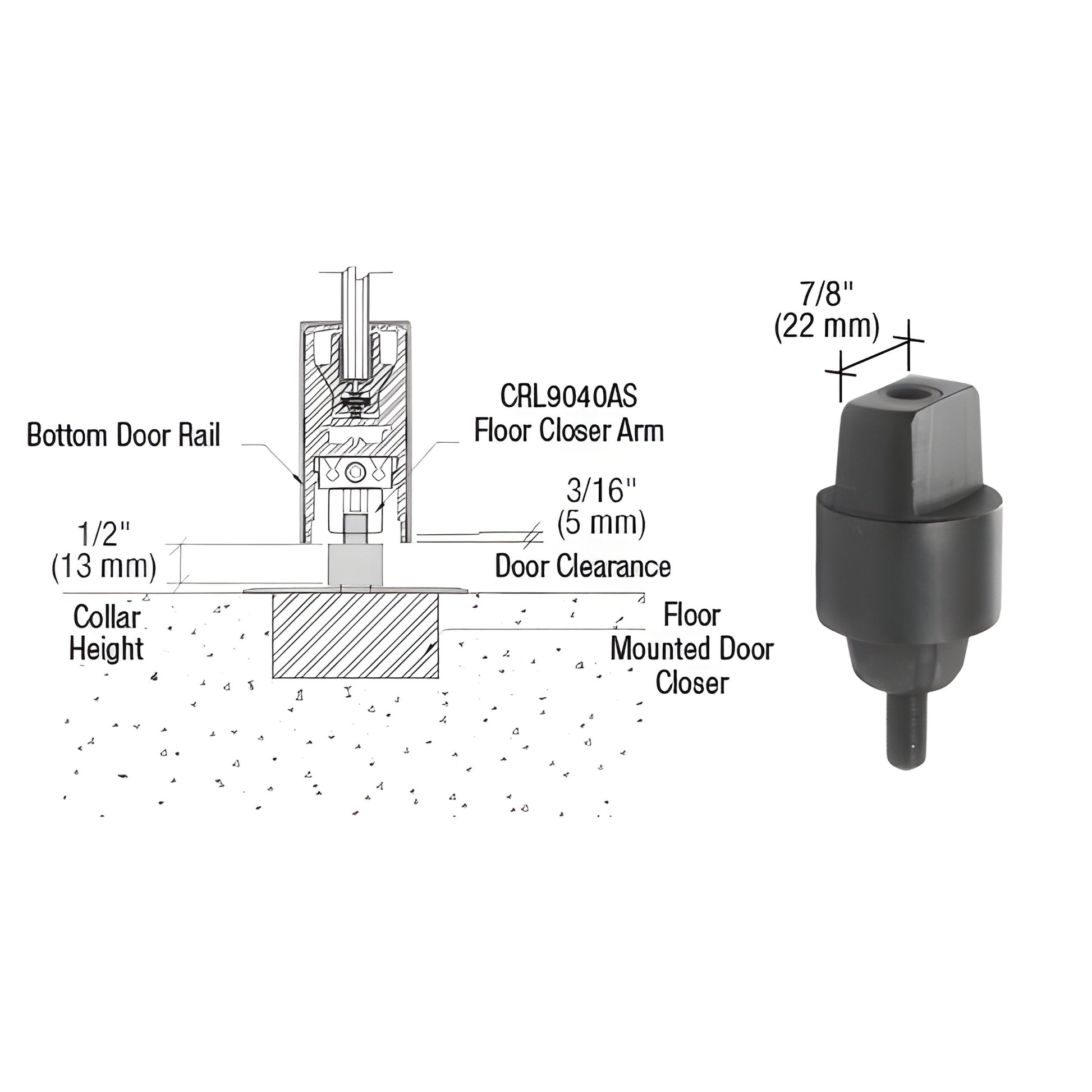 CRL9040S13 flat tapered spindle and collar for floor-mounted door closers, 1/2" collar height.