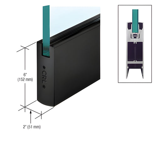 Matte-black Wedge Lock glass door rail, 35-3/4" length for 1/2" glass, 6" high 2" wide; cutaway view.