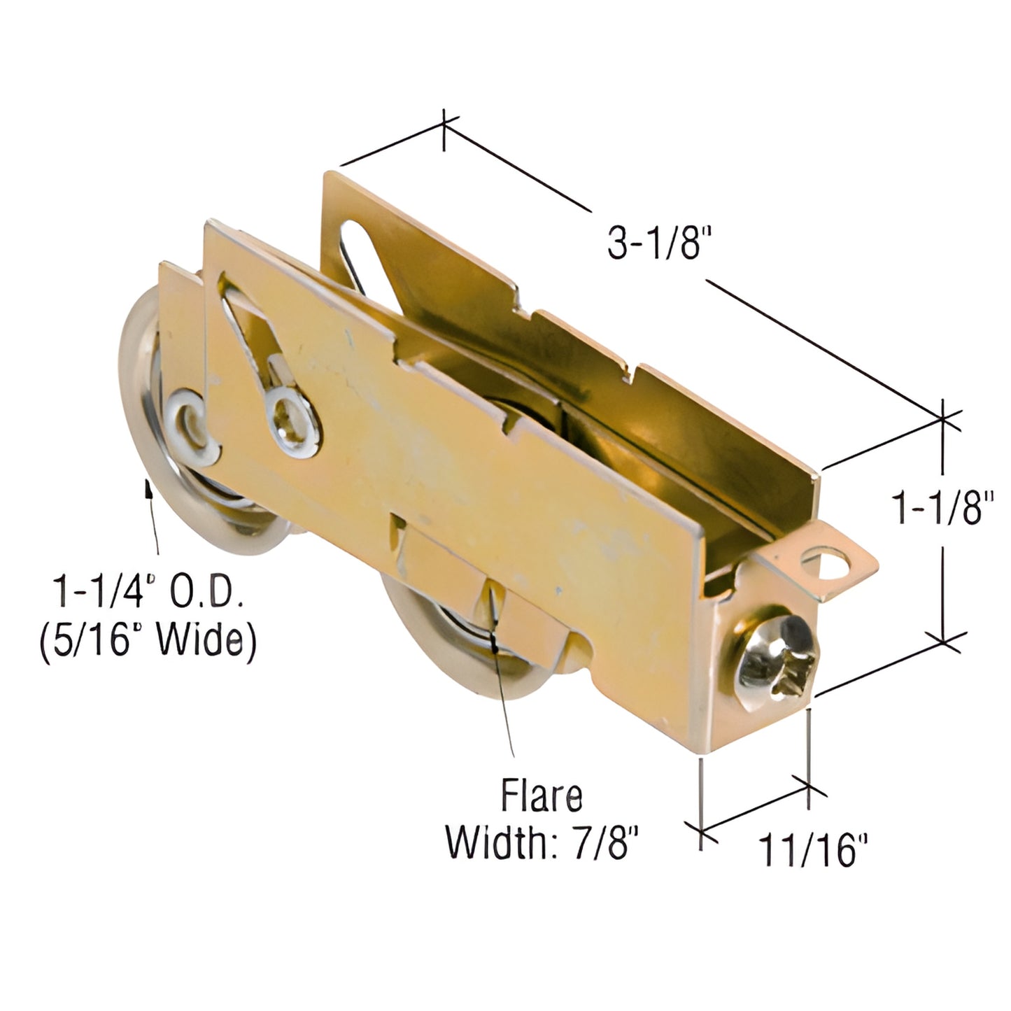 D1880 adjustable steel tandem roller assembly for sliding patio doors - 11 4" steel wheels, 3-1/8" housing, 11/16" wide