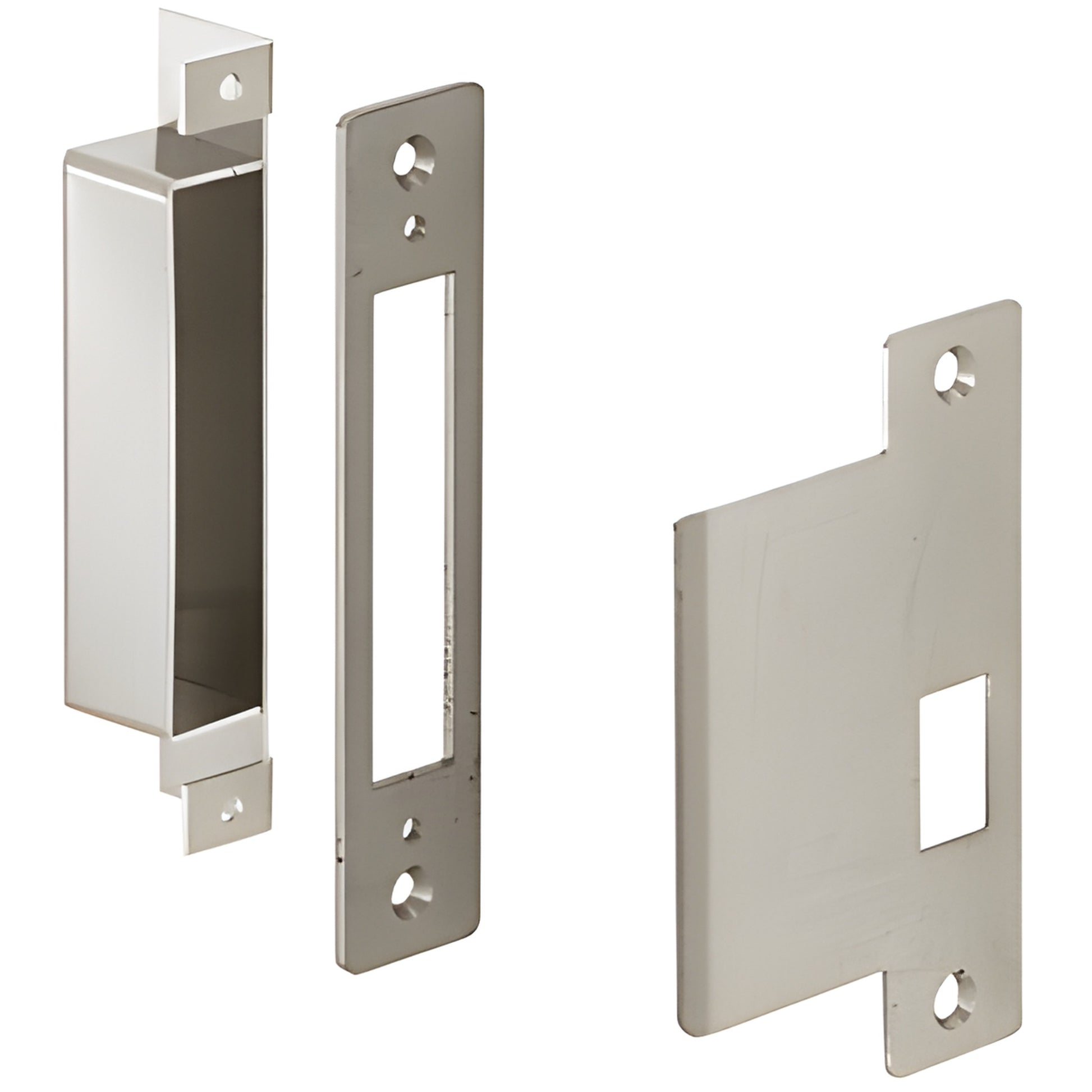 DLL6545 brushed stainless 6x10 center lock strike set with dust box and back-up plate, right-hand