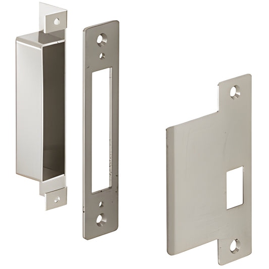 DLL6545 brushed stainless 6x10 center lock strike set with dust box and back-up plate, right-hand