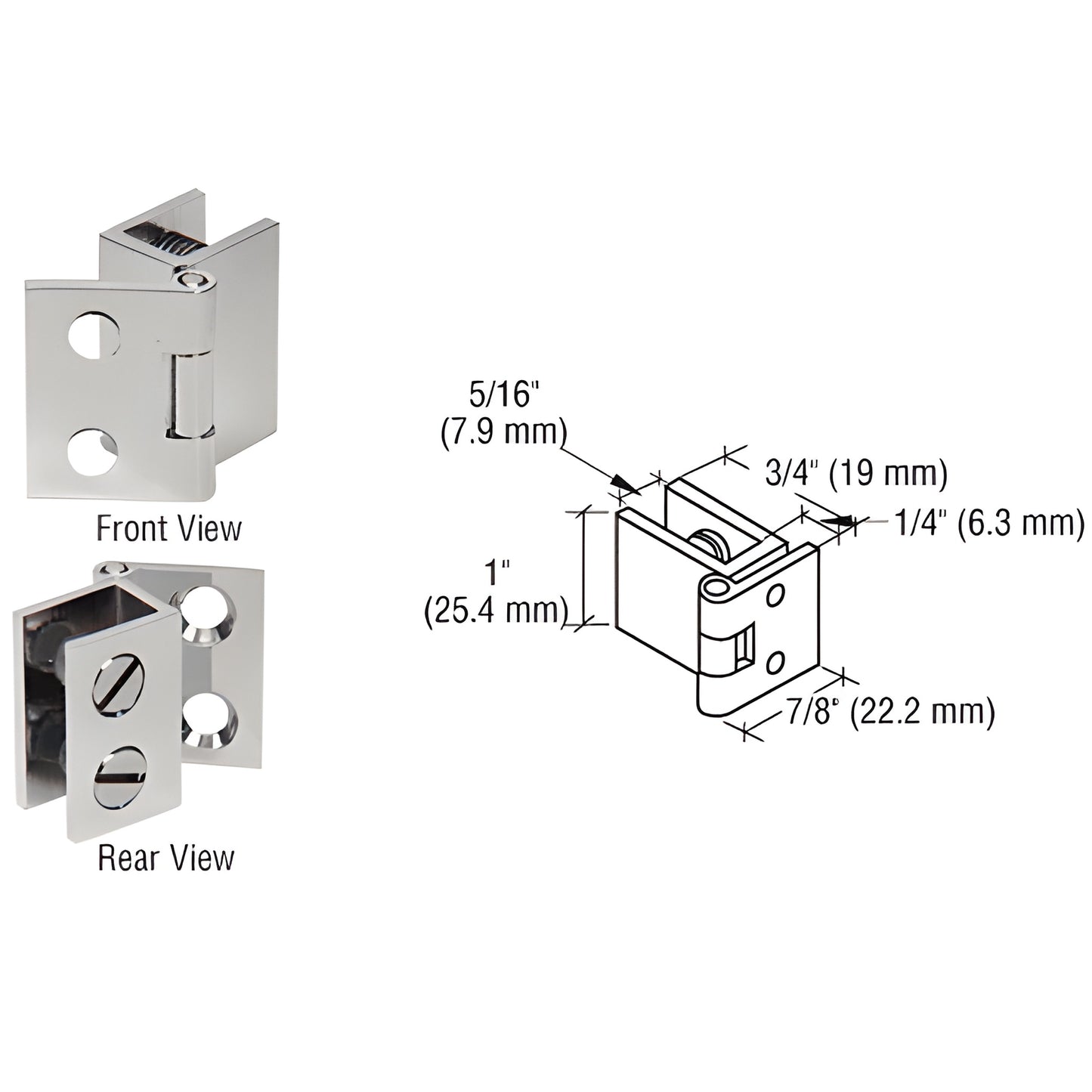 EH173 brushed nickel brass glass-to-wall hinge for 5-6mm tempered glass, no-drill set-screw design, 1" high, sold in pairs.