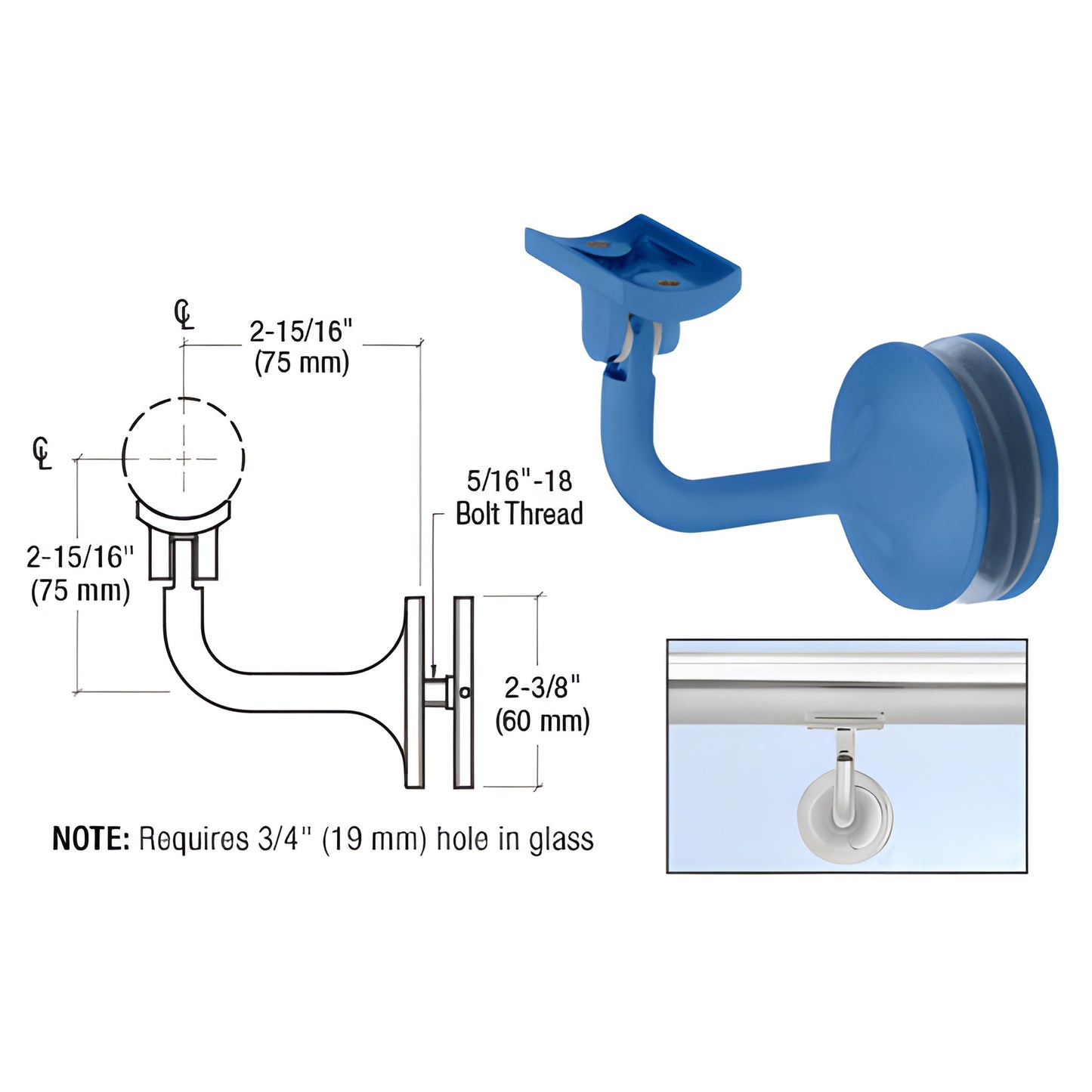 Glass-mounted adjustable handrail bracket HR15GAPT, powder-coated aluminum, 2-15/16 in projection, fits 1-1/2-2 in tubing.