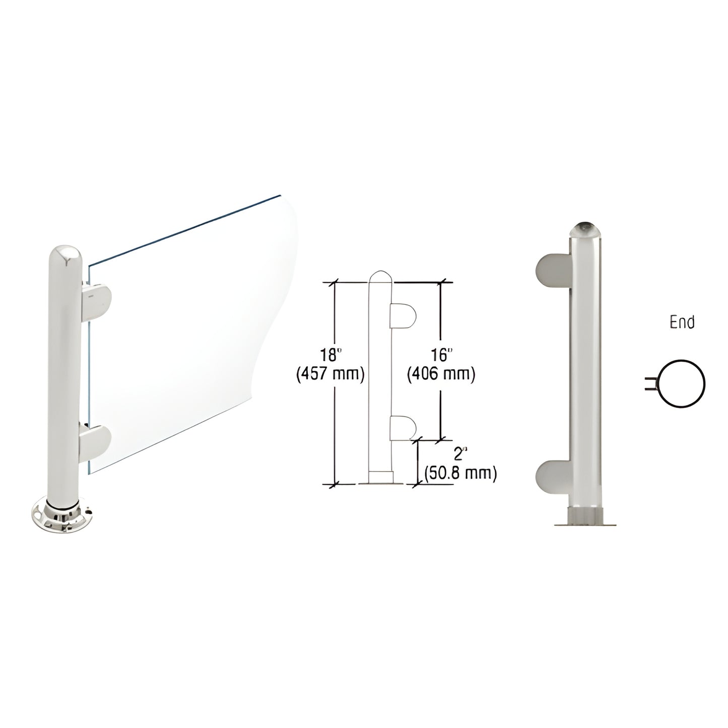 PP07EBS: 18 brushed stainless steel round partition post with dome cap, full flange base and two Z clamps for 1/4 glass.