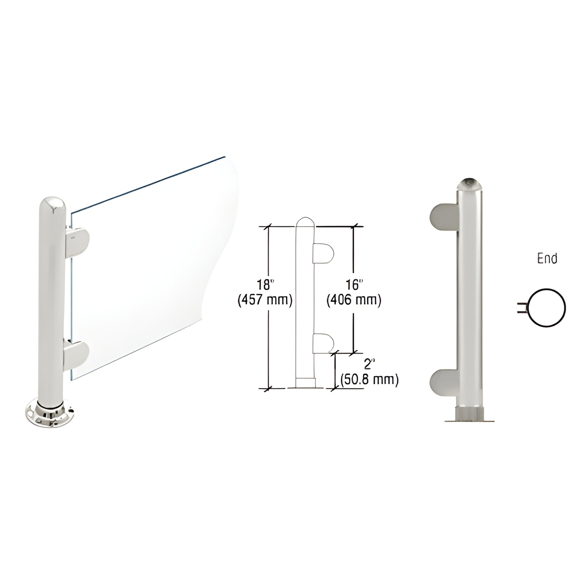 PP07EBS: 18 brushed stainless steel round partition post with dome cap, full flange base and two Z clamps for 1/4 glass.