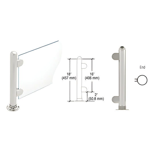 PP07EBS: 18 brushed stainless steel round partition post with dome cap, full flange base and two Z clamps for 1/4 glass.