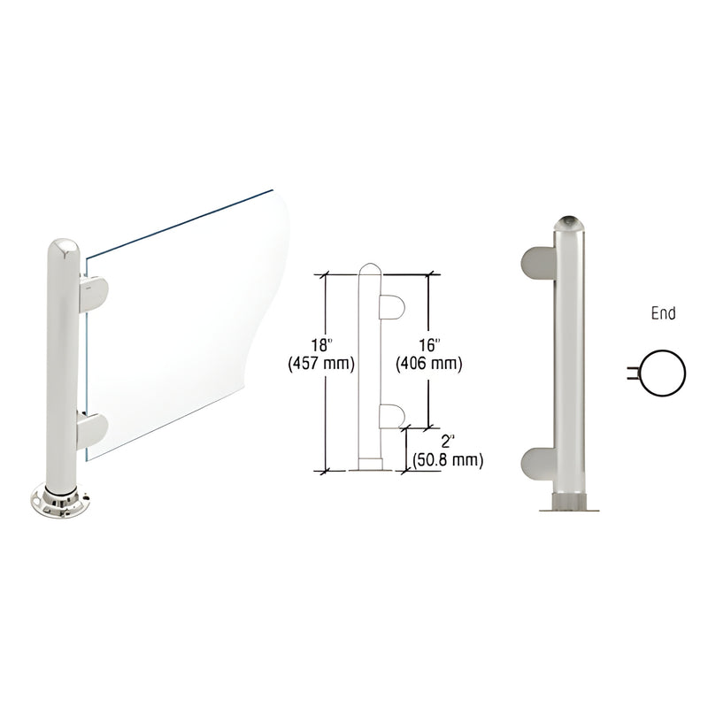 PP07EBS: 18 brushed stainless steel round partition post with dome cap, full flange base and two Z clamps for 1/4 glass.