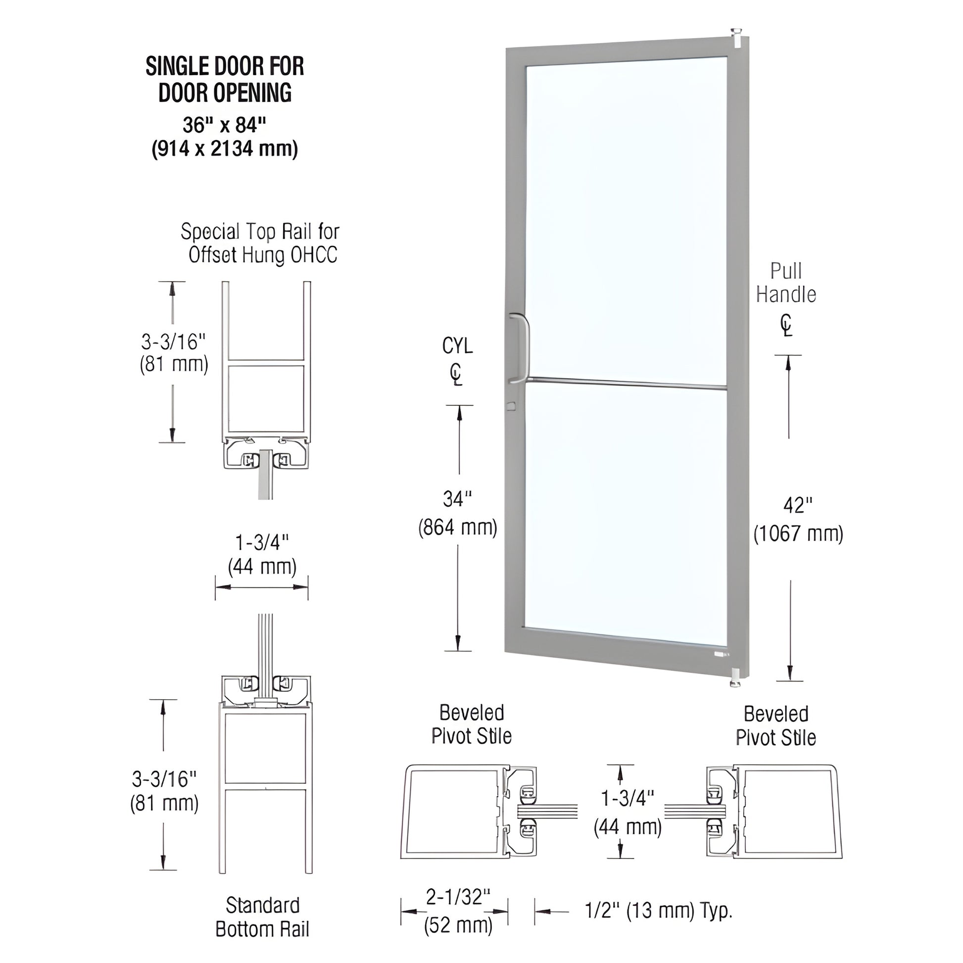 Clear anodized narrow-stile commercial entrance door (SKU DC21111), 36x84, 2" stiles, fits 1/4" or 1" glass.