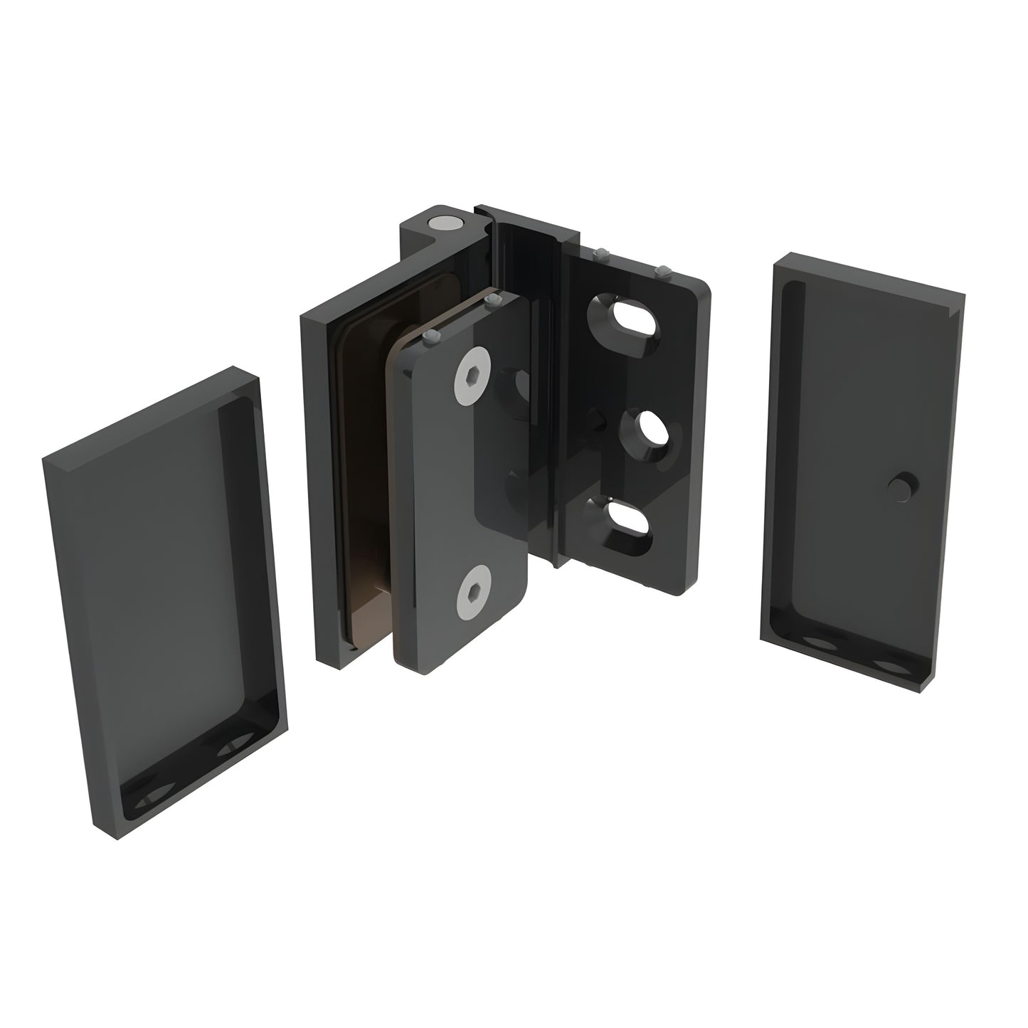 Matte black Como wall-mount shower hinge (SKU C0M044MBL) for 8-10mm glass, 180 free-swing, low-profile brass design.