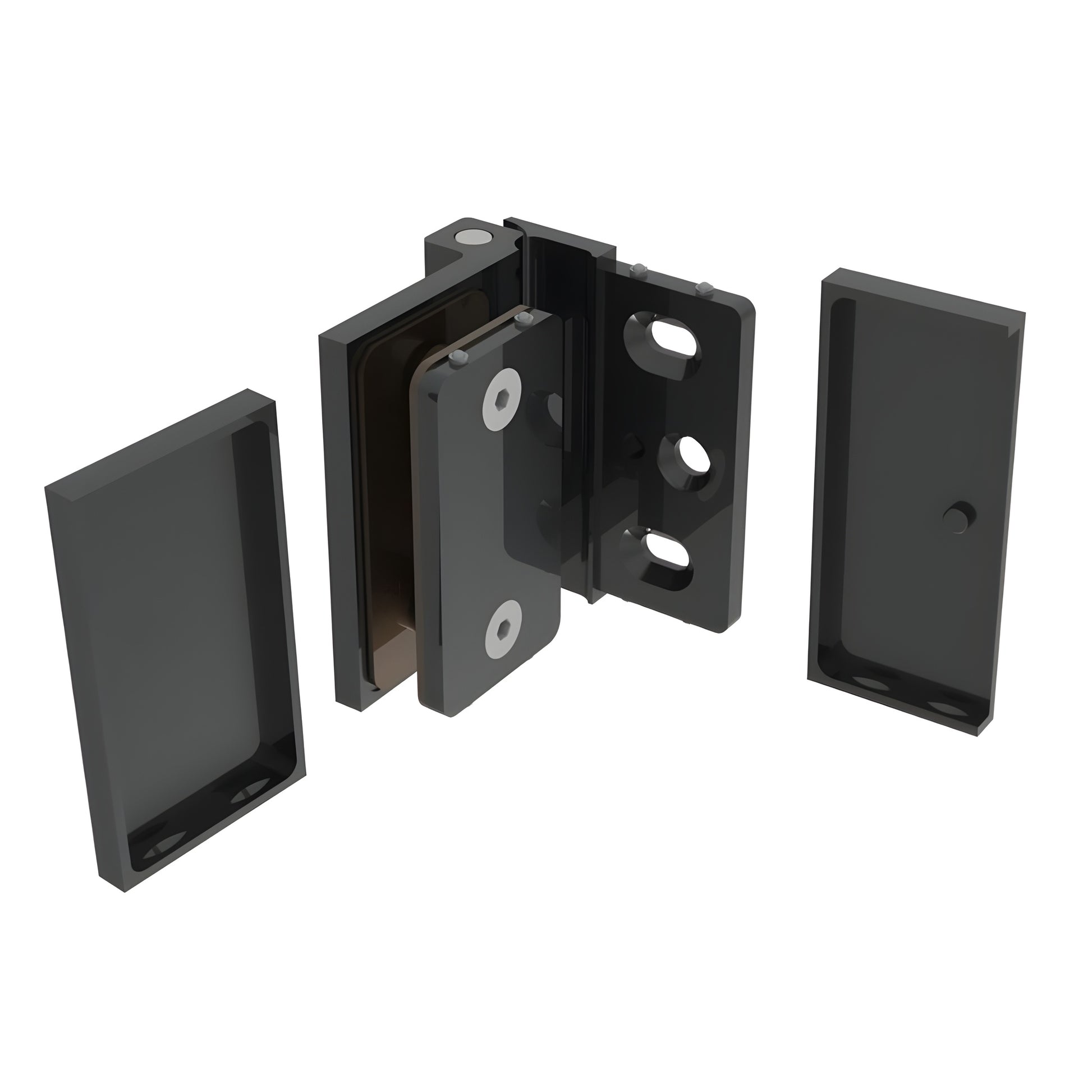 Matte black Como wall-mount shower hinge (SKU C0M044MBL) for 8-10mm glass, 180 free-swing, low-profile brass design.