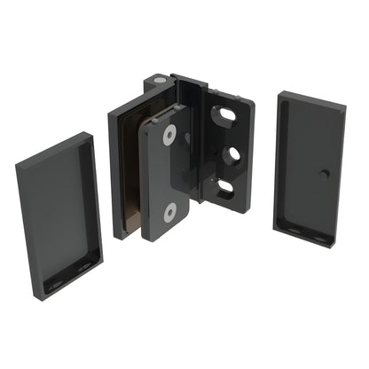 Matte black Como wall-mount shower hinge (SKU C0M044MBL) for 8-10mm glass, 180 free-swing, low-profile brass design.