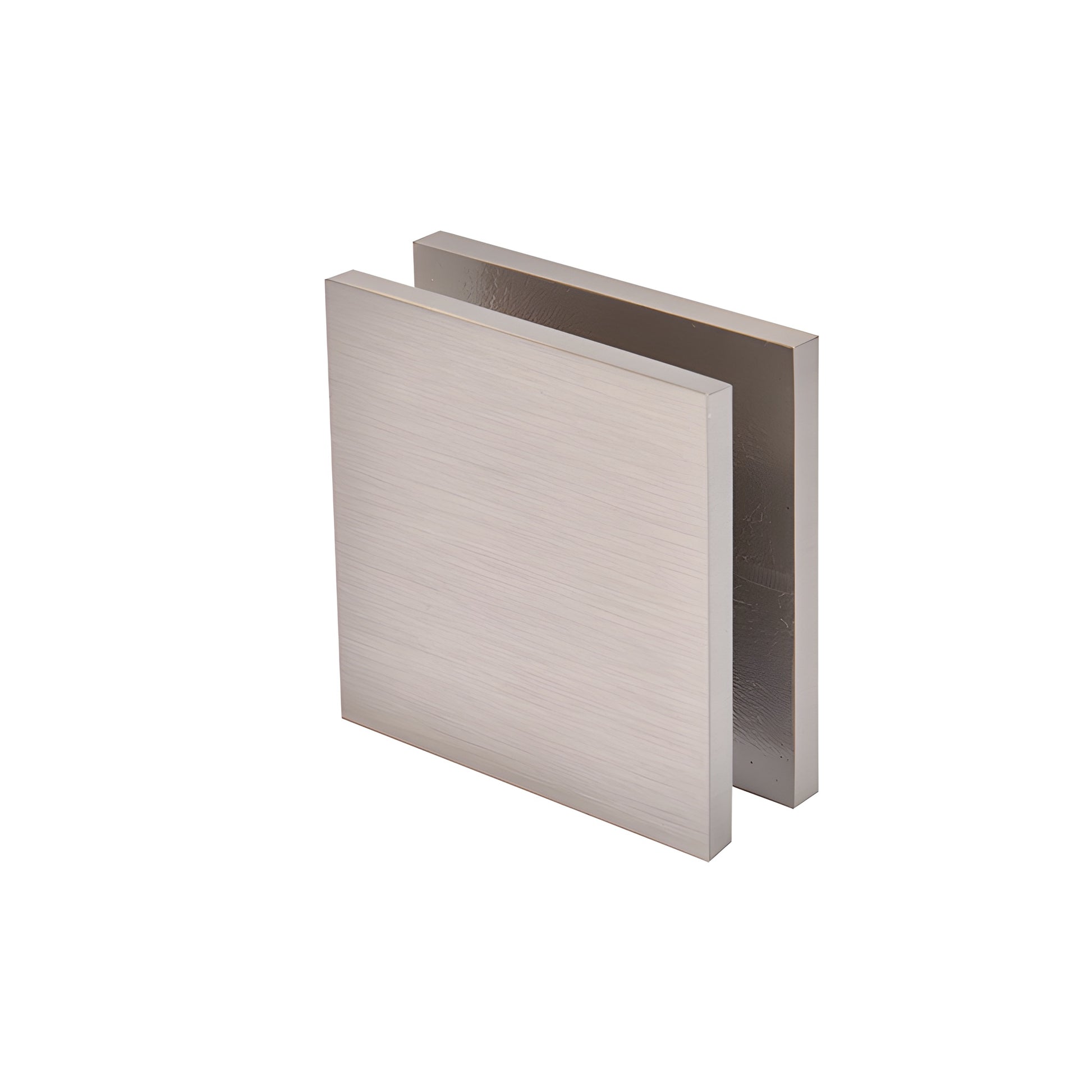 Brushed nickel square wall-mount hole-in-glass clamp for frameless shower glass, SKU SCU4BN.