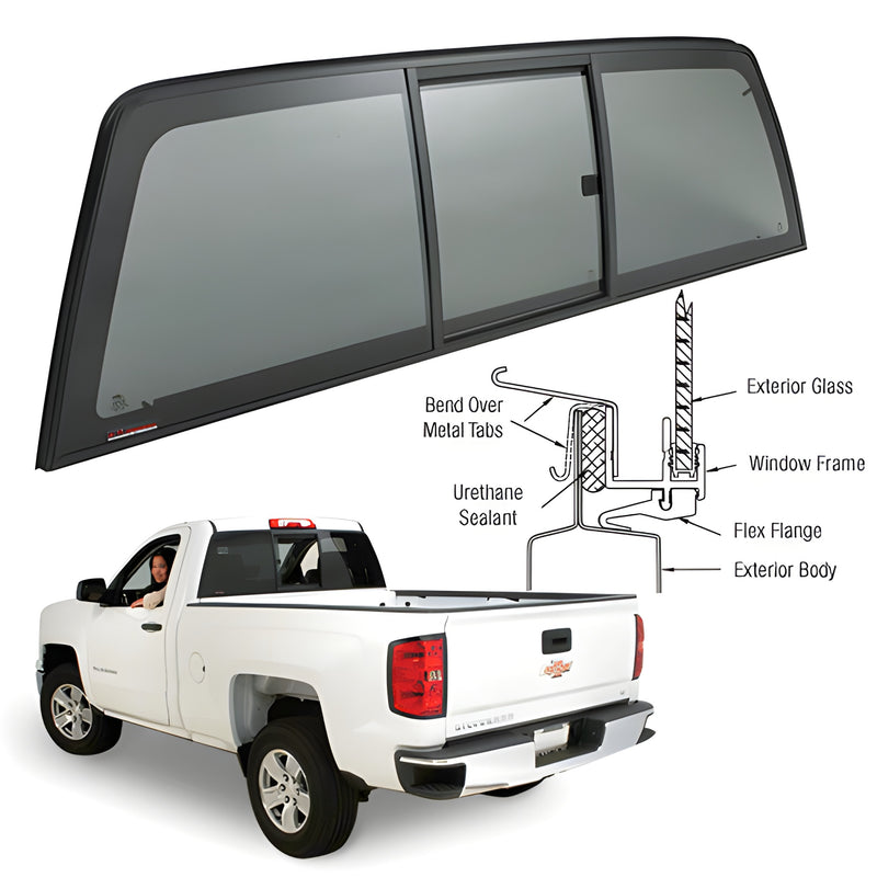 ECT814S CRL tri-vent truck slider: black frame with curved solar privacy glass center slider for 2014-2019 Chevy/GMC Silverad