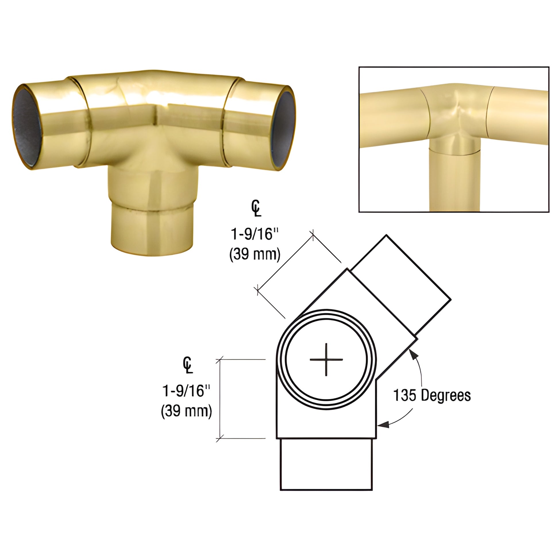 HR20PPB polished brass 135 side outlet elbow for HR20 handrail tubing, 1-9/16" (40 mm) centerline.