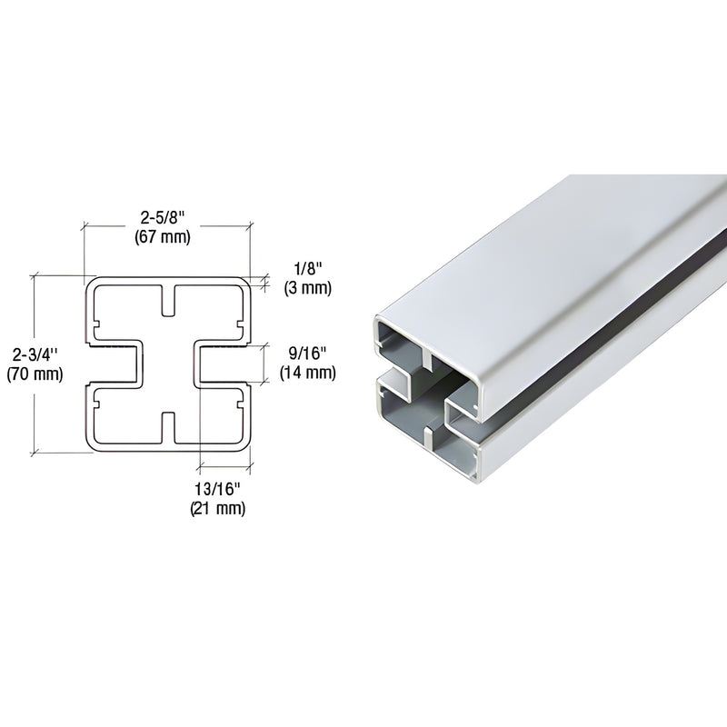 HD60S silver aluminum heavy duty glass railing post, 60 in long; cross section with dimensions shown.