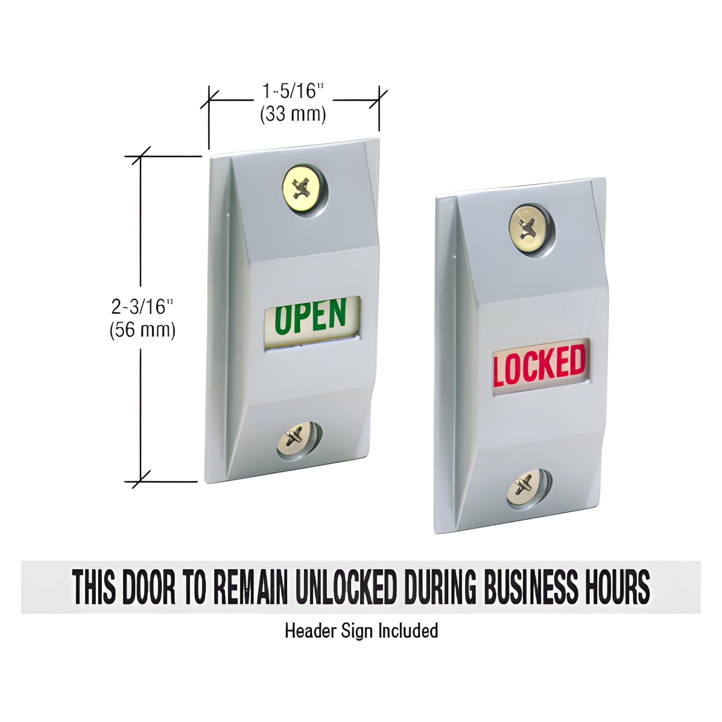 DL2177A aluminum door lock indicator showing GREEN OPEN and RED LOCKED vertical slide, includes hallway header sign.