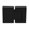 Matte black oil-dynamic full back plate glass hinge (SKU H8215BTMBL) for 8-14mm frameless doors, self-closing.