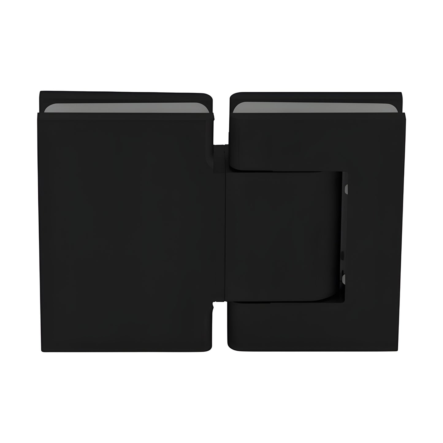 Matte black oil-dynamic full back plate glass hinge (SKU H8215BTMBL) for 8-14mm frameless doors, self-closing.