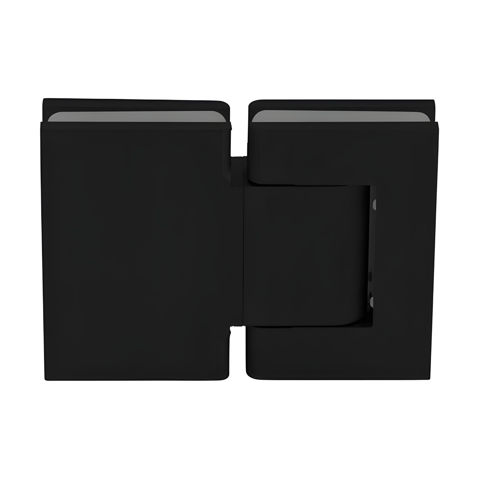 Matte black oil-dynamic full back plate glass hinge (SKU H8215BTMBL) for 8-14mm frameless doors, self-closing.