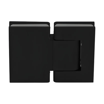 Matte black oil-dynamic full back plate glass hinge (SKU H8215BTMBL) for 8-14mm frameless doors, self-closing.