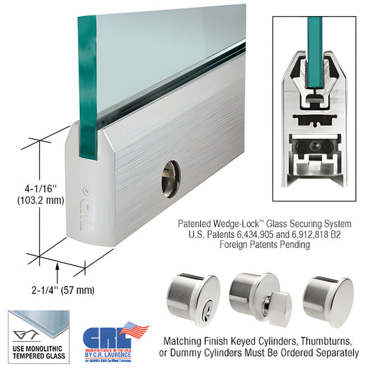 CRL Wedge-Lock tapered door rail, brushed stainless steel, 35-3/4 in for 5/8 in glass, 4 in high, includes lock DR4TBS58SL