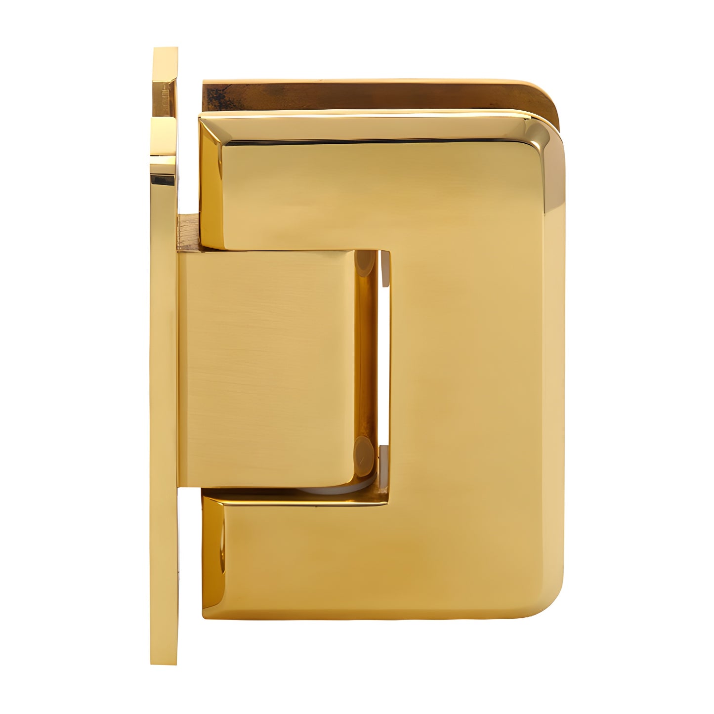 P1N037BR polished brass Pinnacle shower hinge, wall-mount H back plate for 8-12mm glass, beveled corners, self-centering.