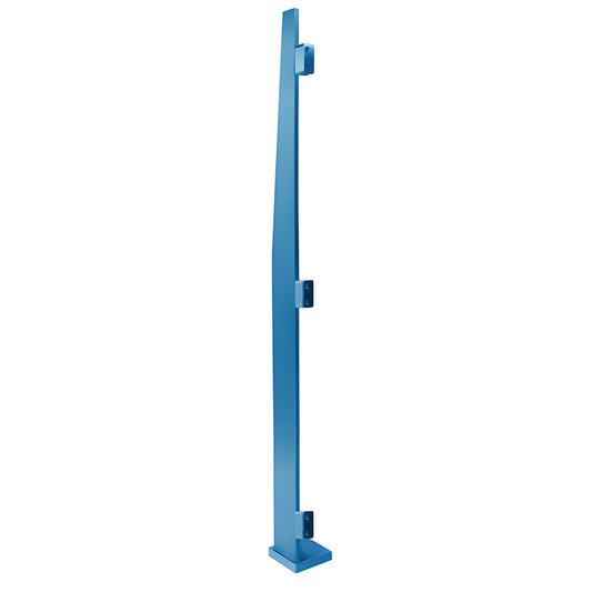 Metropolis post MET01EPTC - powder-coated blue stainless steel, 5" deep slim glass windscreen post with three glass clamp bra