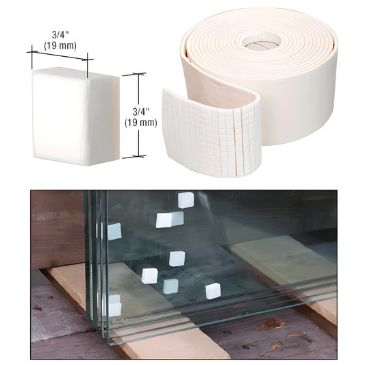 NAP34B - white 3/4 in foam non-adhesive shipping pads on roll, shown attached to glass by static cling